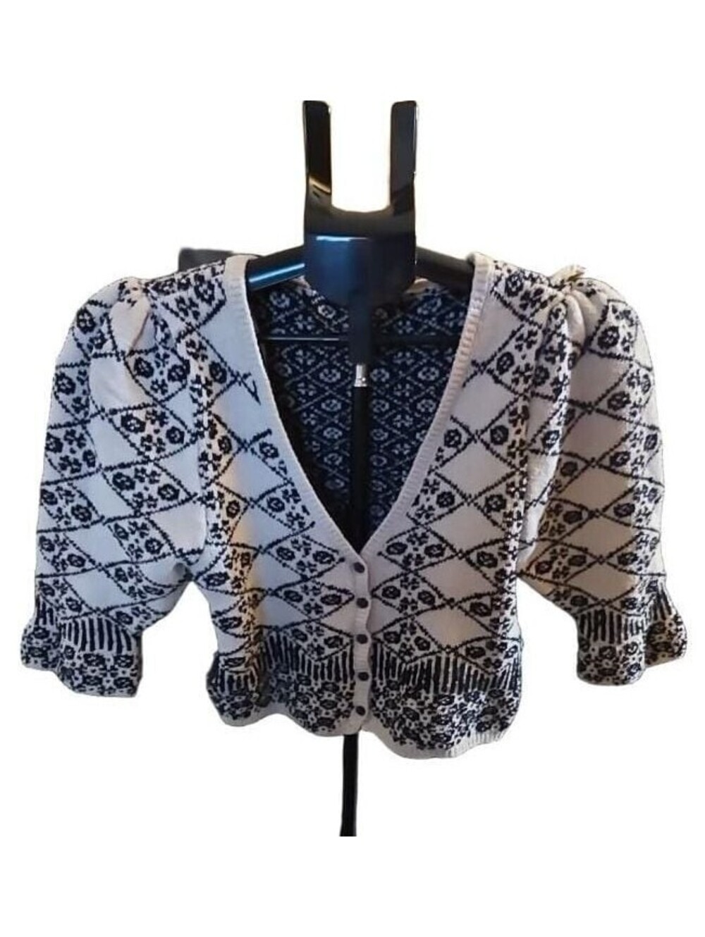 Free People Black and White Patterned Cardigan Sweater with Puff Sleeves